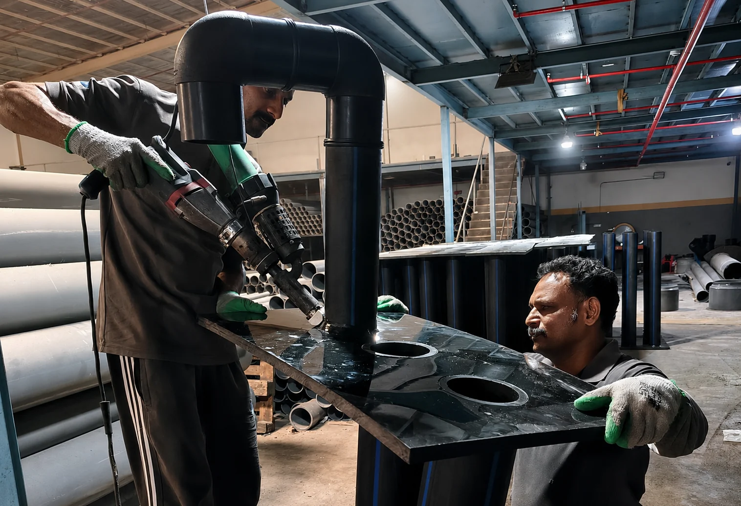 AAMCO team fabricating an HDPE pipe fitting in the workshop